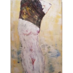 Peinture contemporaine, tableau moderne figuratif de nu , acrylique sur toile 116x89cm intitulée: femme se deshabillant.