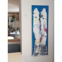 Tableau contemporain, peinture moderne figurative, acrylique sur toile 40x120cm intitulée: poissons blancs sur fond bleu 1.