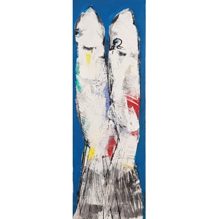 Tableau contemporain, peinture moderne figurative, acrylique sur toile 40x120cm intitulée: poissons blancs sur fond bleu 1.
