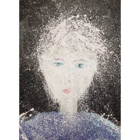 Tableau moderne, portrait, peinture contemporaine figurative, acrylique sur toile 100x73cm intitulée: femme aux yeux bleus.