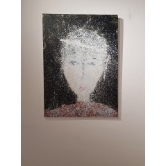 Peinture contemporaine, portrait, tableau moderne figuratif, acrylique sur toile 100x73cm intitulée: homme aux yeux bleus.