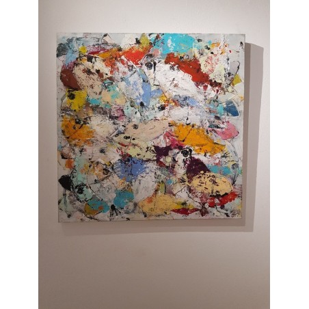 Peinture moderne, tableau contemporain figuratif, acrylique sur toile 100x100cm intitulée: poissons jaunes.