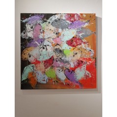 Peinture contemporaine, tableau moderne figuratif, acrylique sur toile 100x100cm intitulée: poissons violets.
