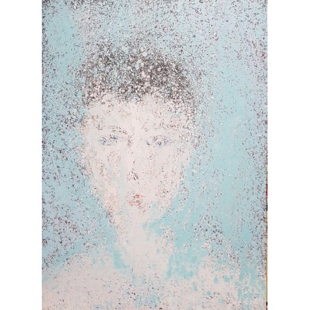 Peinture contemporaine, portrait, tableau moderne figuratif, acrylique sur toile 100x73cm représentant une tête au soleil.