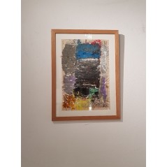Peinture contemporaine, tableau moderne abstrait, acrylique sur papier sous verre 70x53cm intitulée: fenêtre sur azur.