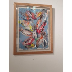 Tableau contemporain, peinture moderne figurative, acrylique sur papier 68x52cm intitulée: poissons fluo.