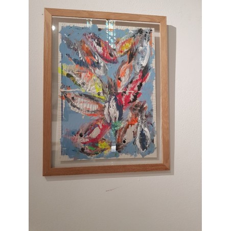 Tableau contemporain, peinture moderne figurative, acrylique sur papier 68x52cm intitulée: poissons fluo.