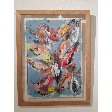 Tableau contemporain, peinture moderne figurative, acrylique sur papier 68x52cm intitulée: poissons fluo