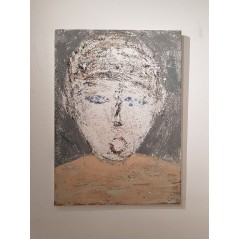 Peinture contemporaine, portrait, tableau moderne figuratif, acrylique sur toile 100x73cm intitulée: portrait au pull beige