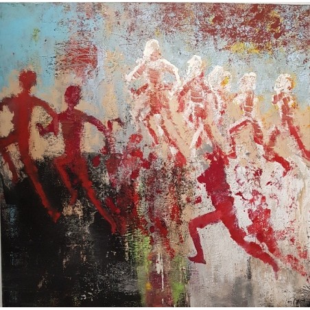 Peinture contemporaine, tableau moderne figuratif, acrylique sur toile 100x100cm intitulée: enfants qui courent 4.