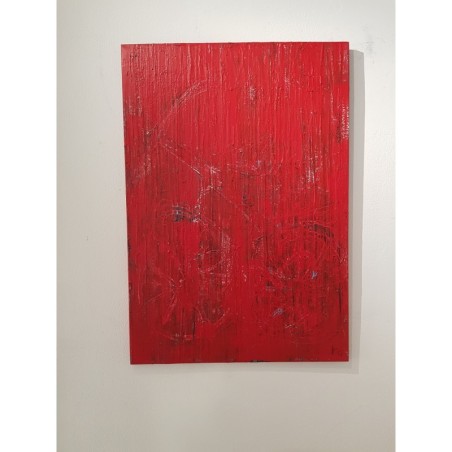 Peinture moderne, tableau contemporain figuratif, acrylique sur toile 116X81cm intitulée: la bicyclette rouge.