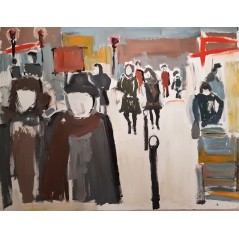 Peinture contemporaine, tableau moderne figuratif, acrylique et collage sur toile 116X89cm intitulée: boulevard du Montparnasse.