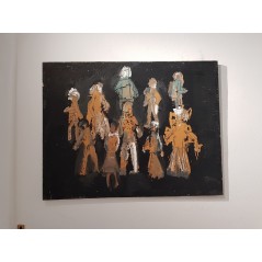 Peinture contemporaine, tableau moderne figuratif, acrylique et collage sur toile 116X89cm intitulée: scène de rue la nuit.