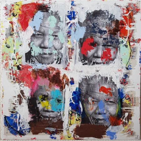 Peinture contemporaine, tableau moderne figuratif, pop art, acrylique et collage sur toile 100x100cm intitulée: Mandela