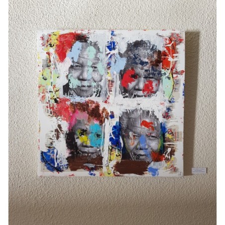 Peinture contemporaine, tableau moderne figuratif, pop art, acrylique et collage sur toile 100x100cm intitulée: Mandela