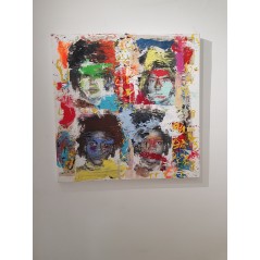 Peinture contemporaine, tableau moderne figuratif, pop art, acrylique et collage sur toile 100x100cm intitulée: Basquiat