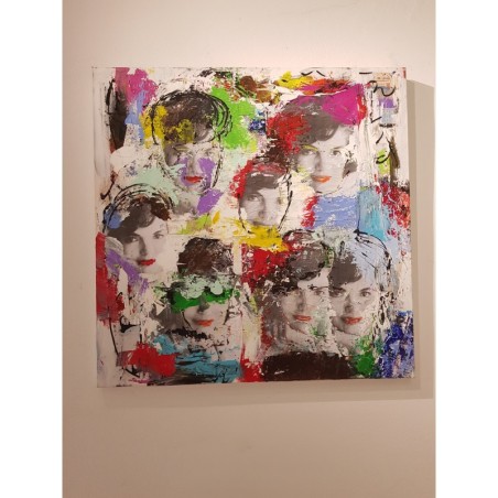Peinture contemporaine, tableau moderne figuratif, pop art, acrylique et collage sur toile 100x100cm intitulée: Jackie Kennedy 2