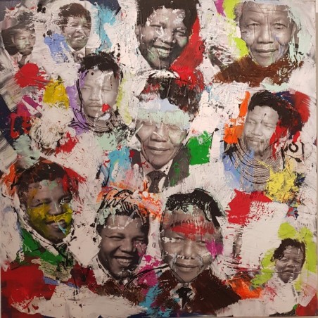 Peinture contemporaine, tableau moderne figuratif, pop art, acrylique et collage sur toile 100x100cm intitulée: Mandela 2