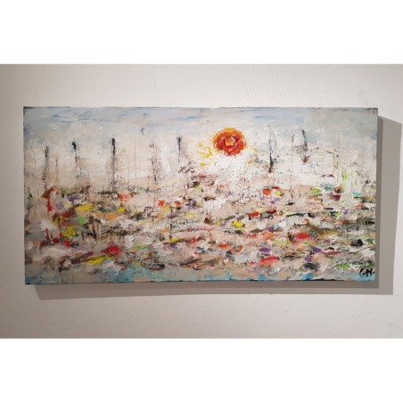 Peinture contemporaine,  tableau moderne figuratif, paysage, acrylique et collage sur toile 100x50cm: sur la mer 1.