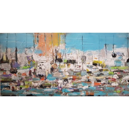 Peinture contemporaine, paysage, tableau moderne figuratif, acrylique et collage sur toile 100x50cm intitulée: sur la mer 3.