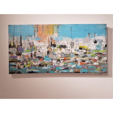 Peinture contemporaine, tableau moderne figuratif, paysage, acrylique et collage sur toile 100x50cm: sur la mer 3.