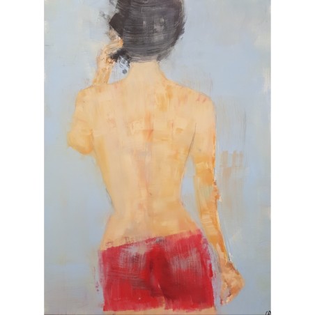 Peinture contemporaine, tableau moderne figuratif de nu , acrylique sur toile 100x73cm intitulée: femme au dos nu.