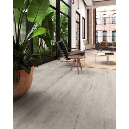 Carrelage imitation vieux parquet bois fendu gris clair, sol et mur, 20x120cm rectifié, santatimewood gris